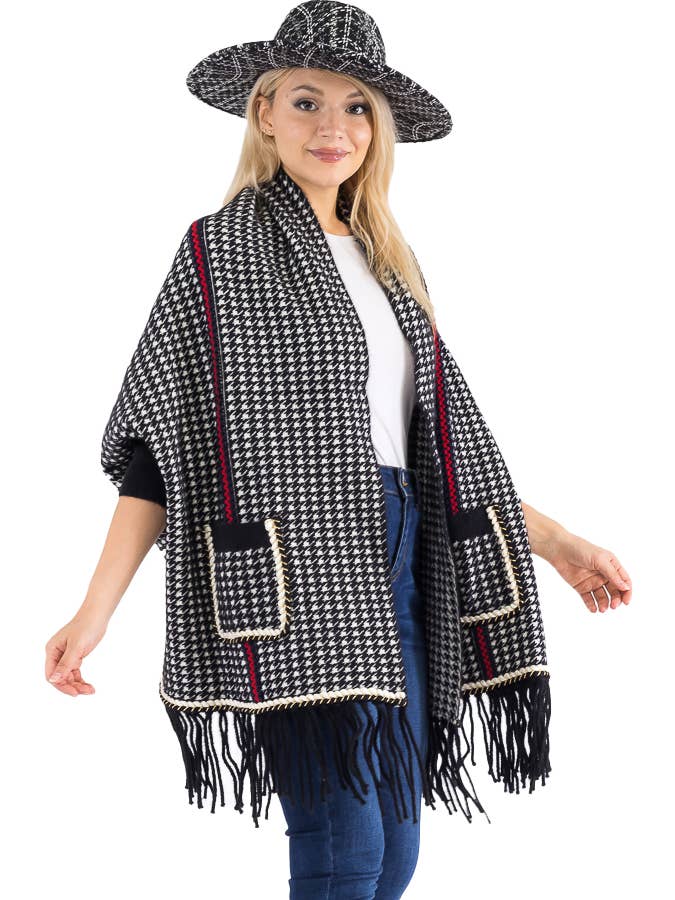 Cap Zone - Wholesale Poncho - Women's - Narrow Tri-Stripe Houndstooth Cardigan Sweater Poncho