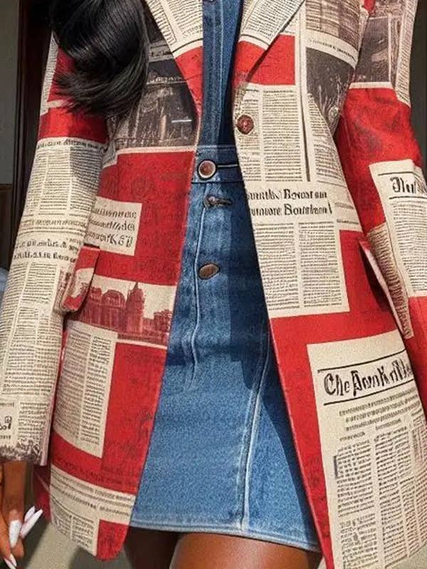RED WHITE Long Sleeves Jacket Loose Buttoned Newspaper Print Pockets Split-Joint Notched Collar Blazer Outerwear for wholesale on Faire3