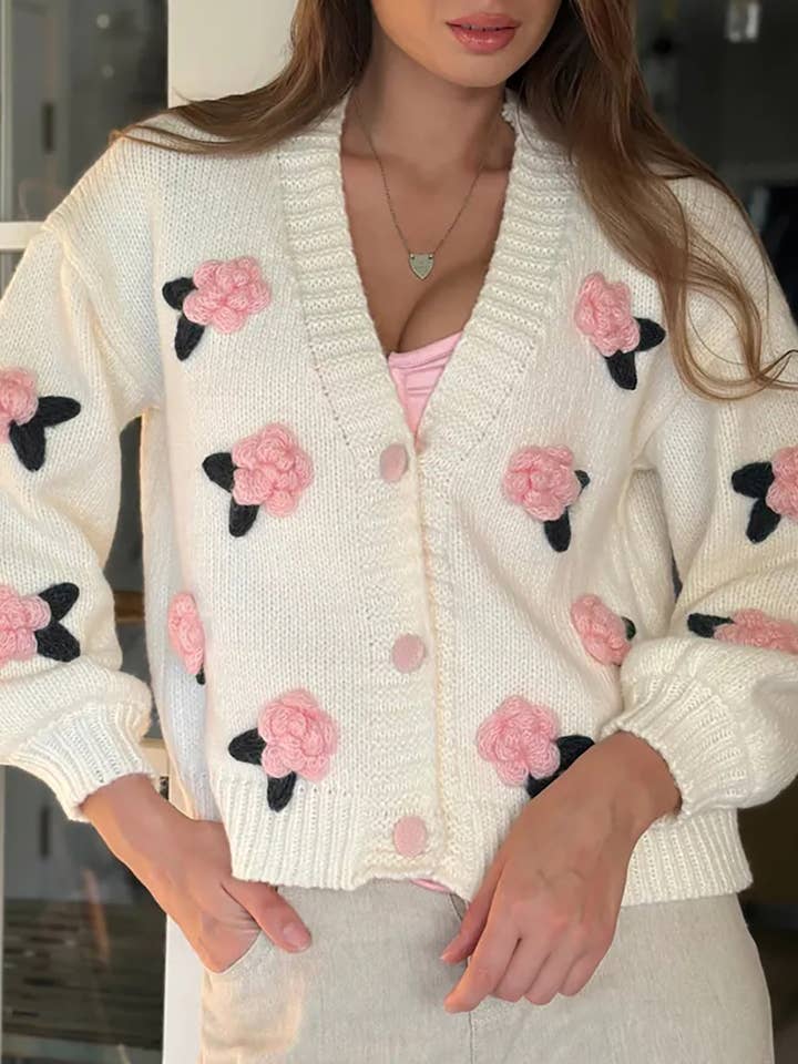 Rosa Clothing - Wholesale Cardigan - Women's - cute little rose ball 3D flower knit cardigan