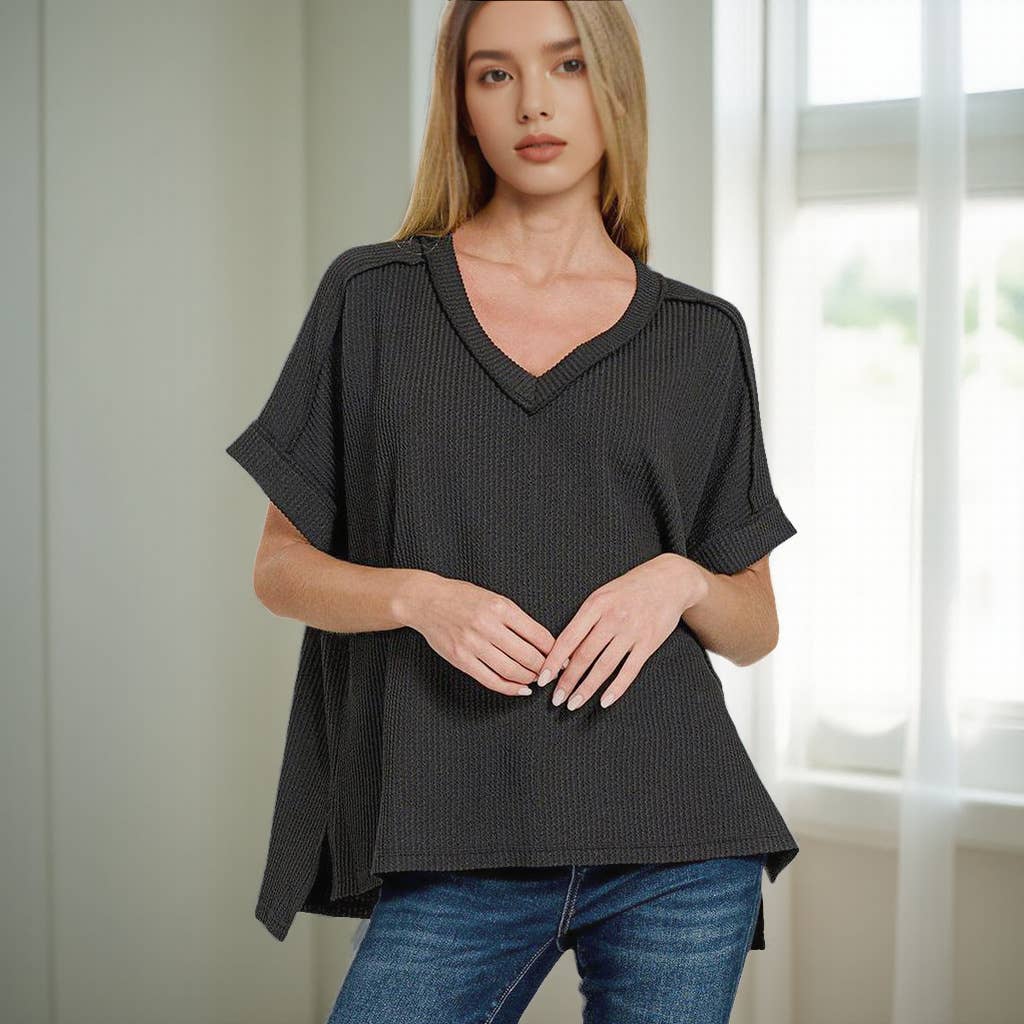 42POPS – wholesale Stickad topp - Dam – .Corded Rib Kortärmad Topp med Rå Kant56