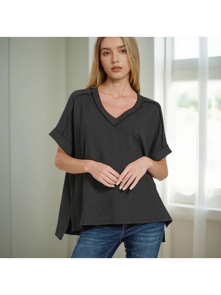 42POPS – wholesale Stickad topp - Dam – .Corded Rib Kortärmad Topp med Rå Kant56