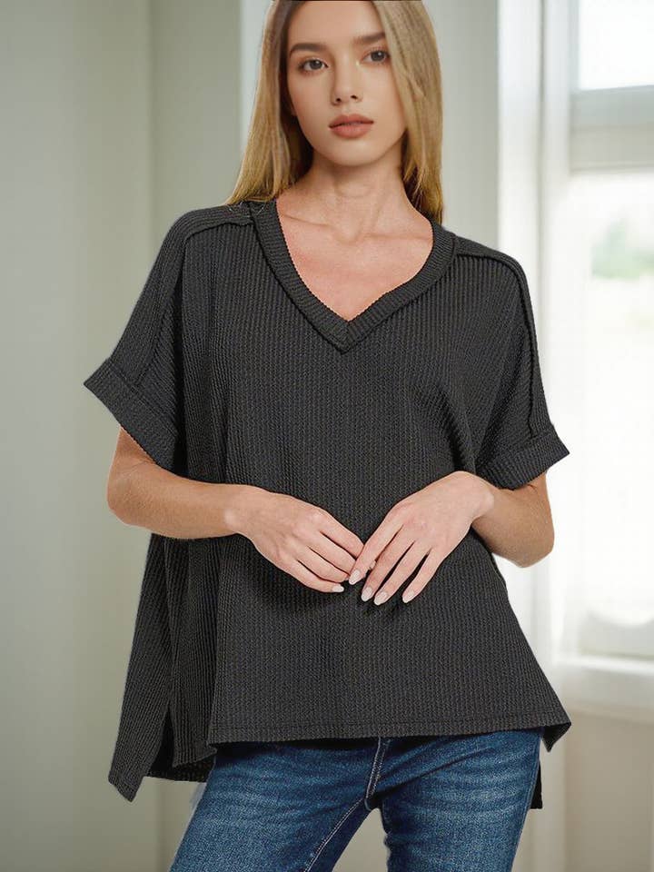 `.Corded Rib Short Sleeve Hi Low V Neck Top for wholesale by 42POPS