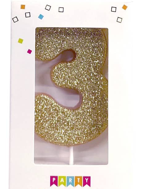 3 Glitter Number Candle Gold for wholesale by Party Partners