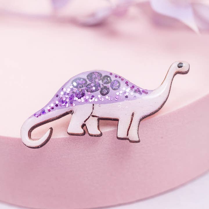 Diplodocus Dinosaur Pin Badge - Pastel Purple and Purple for wholesale by Bekbek Makes