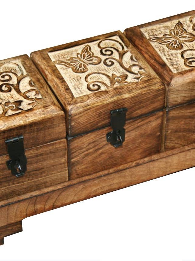 Mango Wood Boxes on Tray Set of 3 - Butterflies for wholesale by Jafsons International