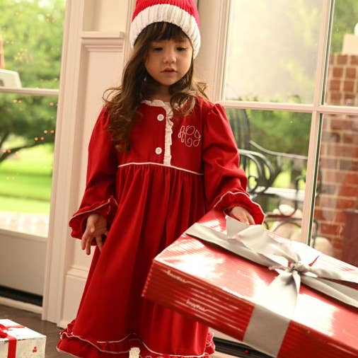 Sugar Bee Clothing - Wholesale Nightdress - Kids - Christmas 2025 Pajamas- Girls - Red Ruffle Nightgown0