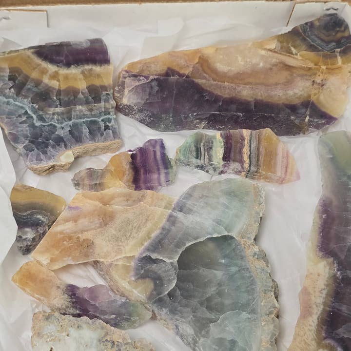 11pc Fluorite Slabs ~ Polished Crystals ~ Mineral Flats Bulk for wholesale by Aquamarine Daydream Wholesale