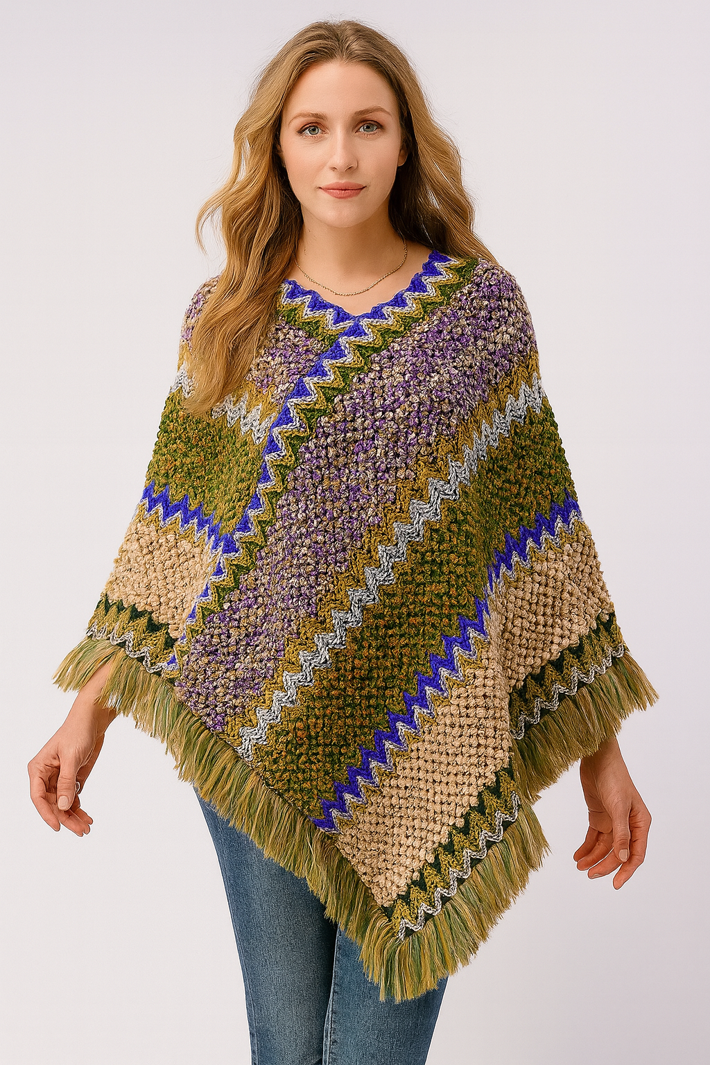Fennco Styles - Wholesale Poncho - Women's - Green Striped Knit Tassel Pullover Poncho Sweater3