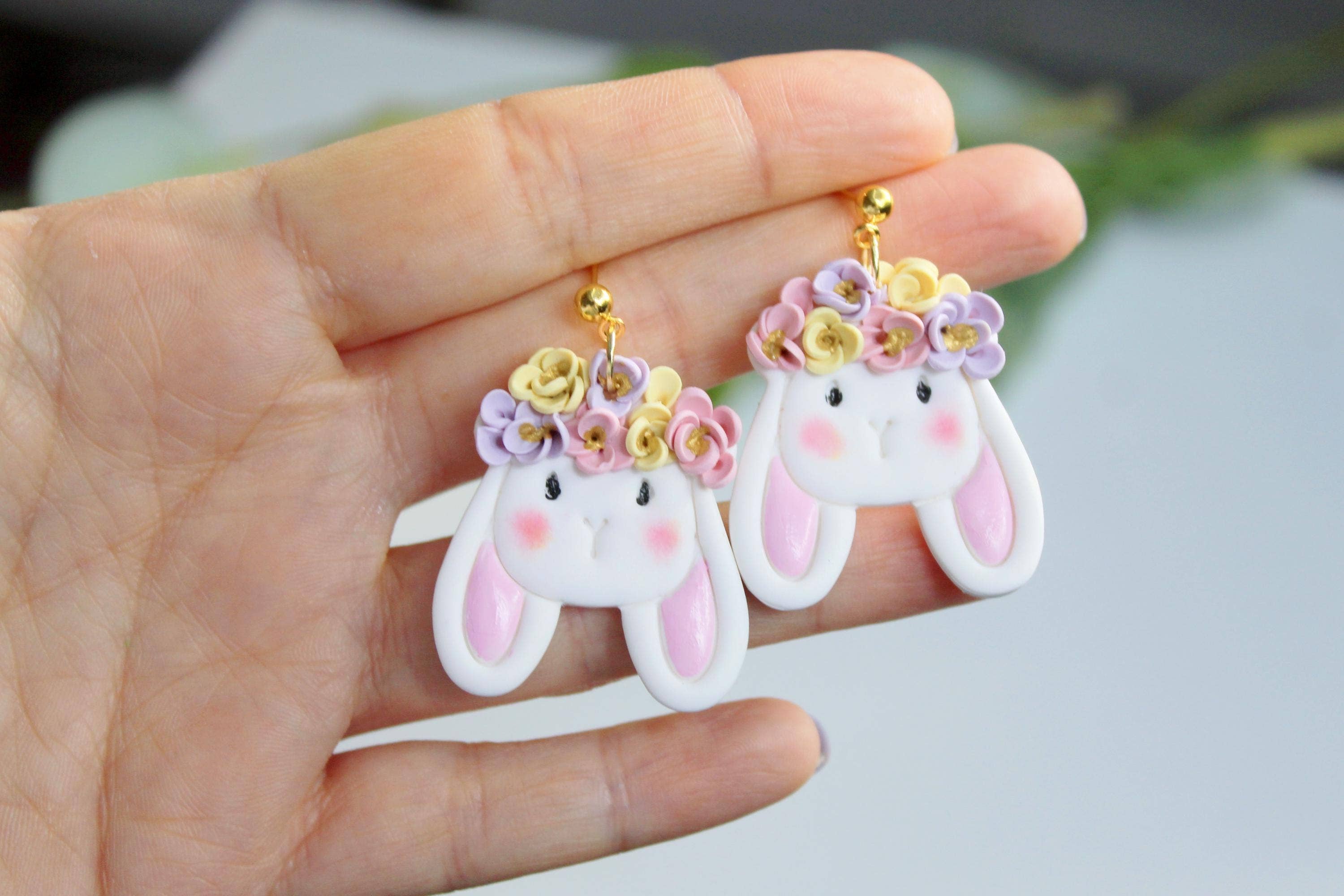 Studio Niani - Wholesale Dangle Earrings - Floral Bunny Earrings, Easter Bunny with Flower Crown3