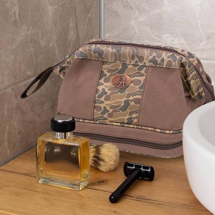Brown Tan Alabama Crimson Tide Camo Canvas Toiletry Bag. for wholesale on Faire4