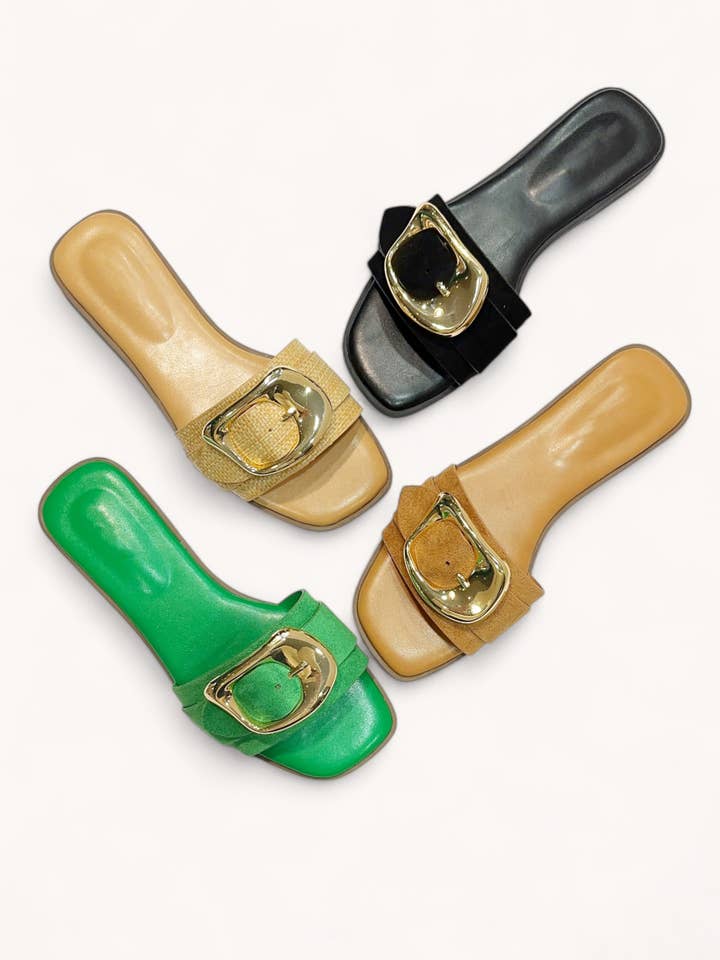 IDEA-87 GOLDEN BIG BUCKLE STRAP SLIP-ON SANDALS for wholesale by CCOCCI