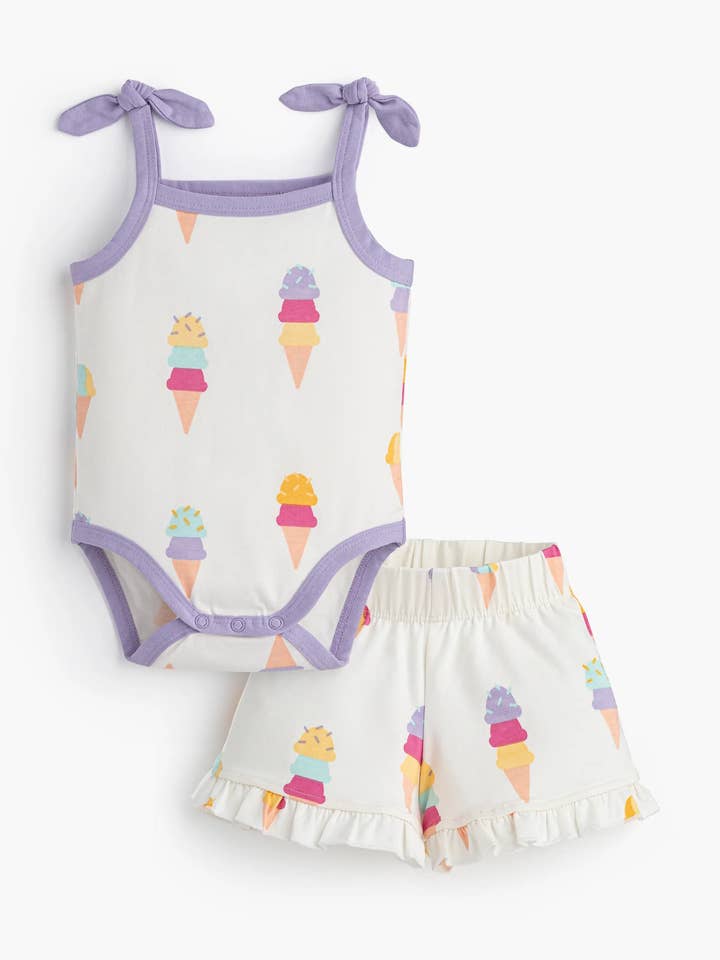 Conjunto de body de bebé tipo tanque + pantalón corto con volantes_Fiesta de Helados para venta al por mayor de Monica + Andy