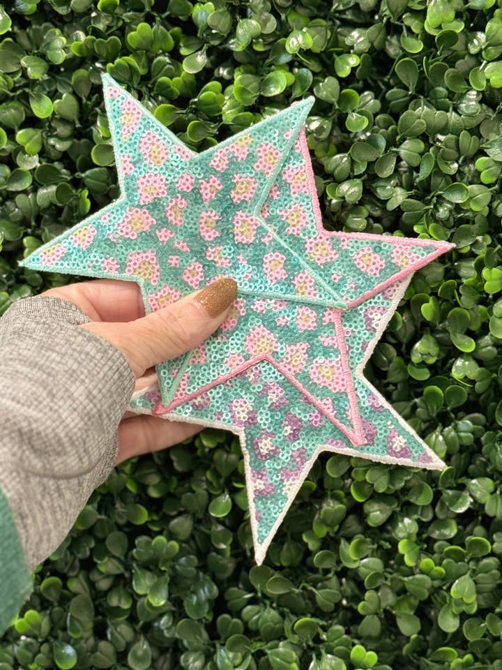 5” Sequin Pastel Leopard Star Patch for wholesale by Ohh Seaux Cute