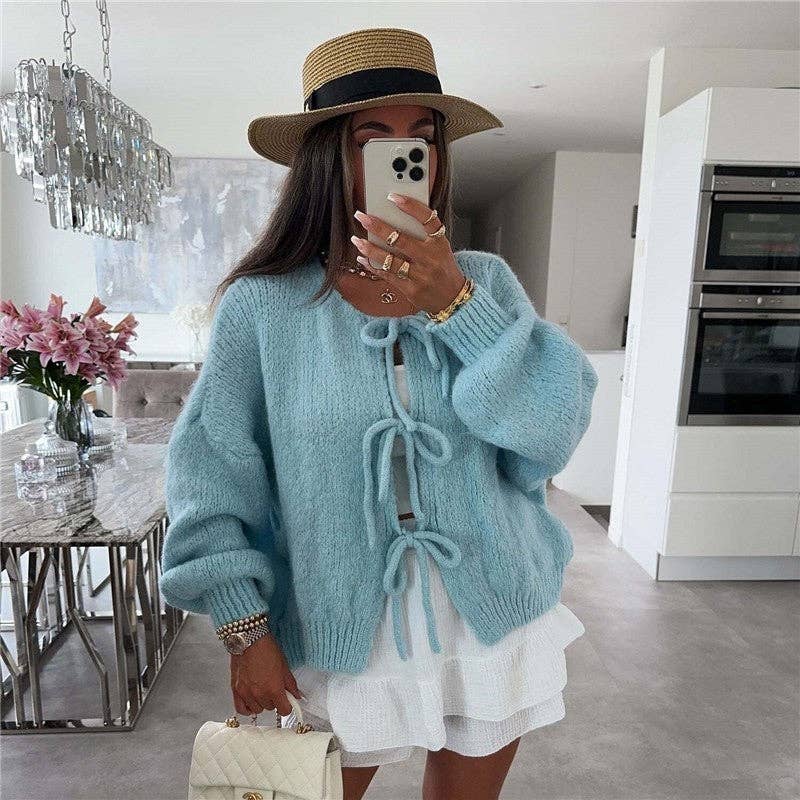 Sheer Trend – Großhandel Strickjacke – Damen – Einfacher Strickjacke mit Bindegürtel und Rundhalsausschnitt9