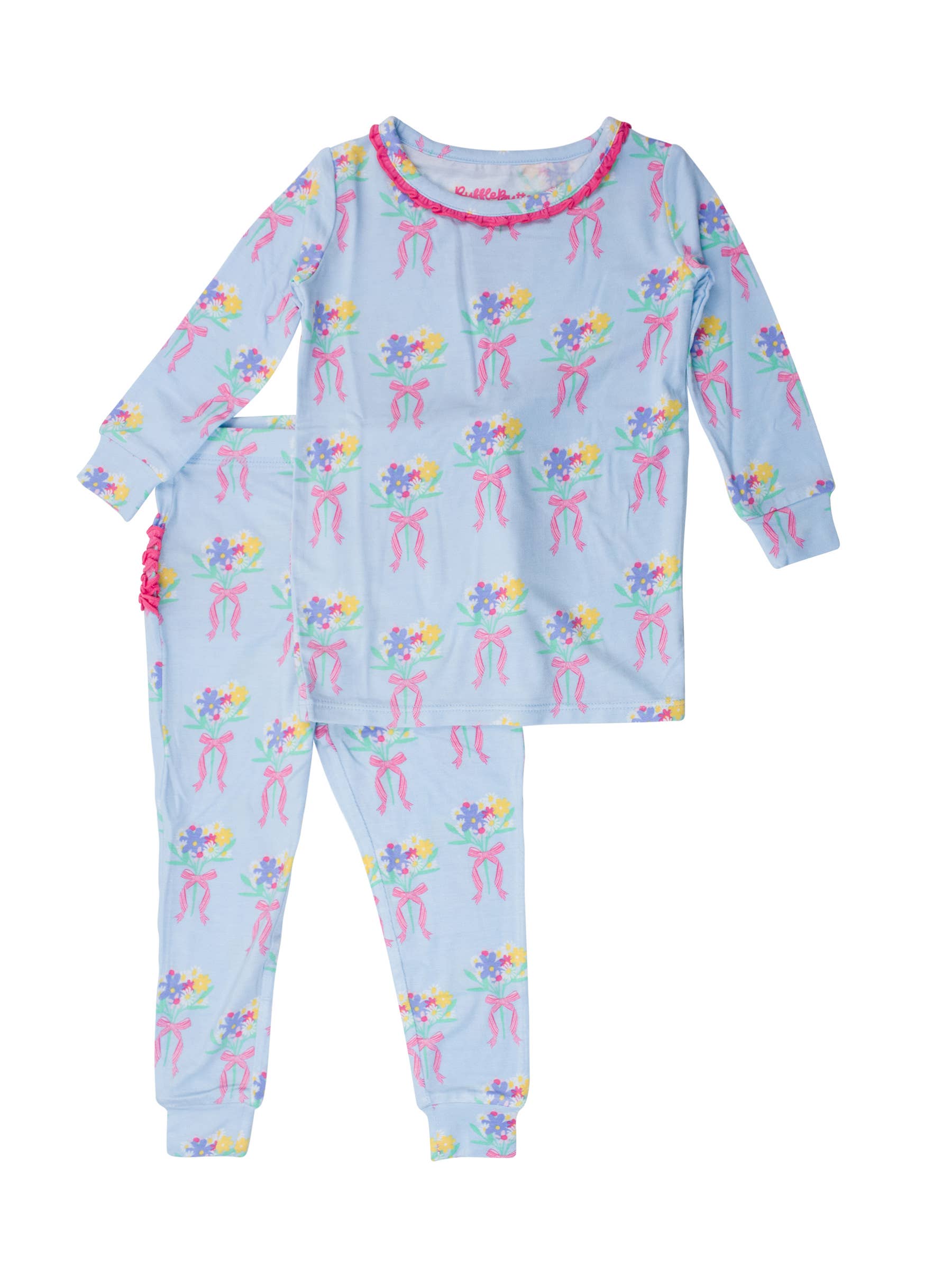 Blue SoftSnooze™ Toddler Girls Bamboo Viscose Bows and Bouquets Ruffle Long Sleeve Pajama Set with Signature Rear Ruffles for wholesale on Faire0