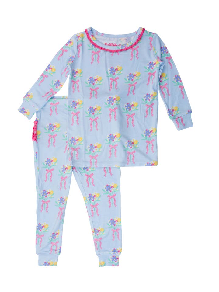 Blue SoftSnooze™ Toddler Girls Bamboo Viscose Bows and Bouquets Ruffle Long Sleeve Pajama Set with Signature Rear Ruffles
for wholesale on Faire