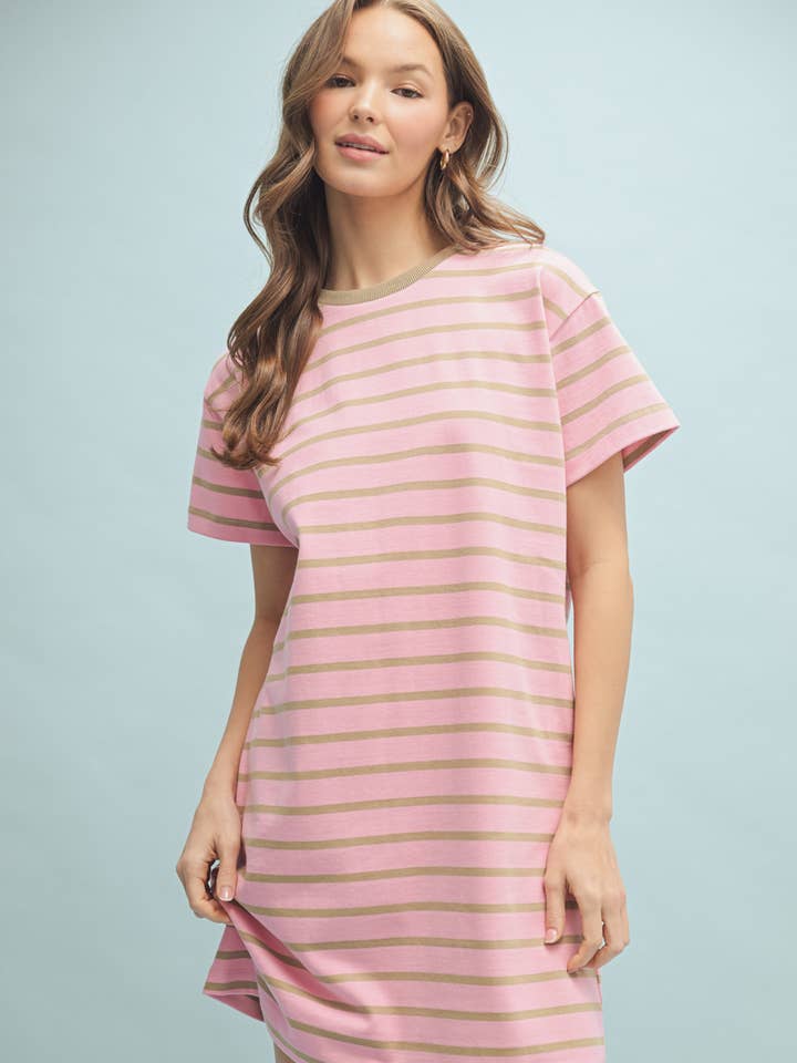 PINK MOCHA STRIPED T-SHIRT MINI DRESS / WL24-9641 for wholesale on Faire