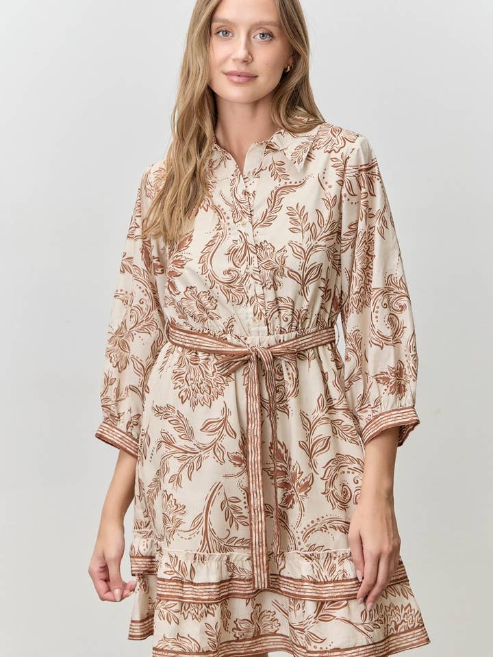 Botanical Border Print Ruffle Hem Mini Dress for wholesale by Polagram by Wellmade USA