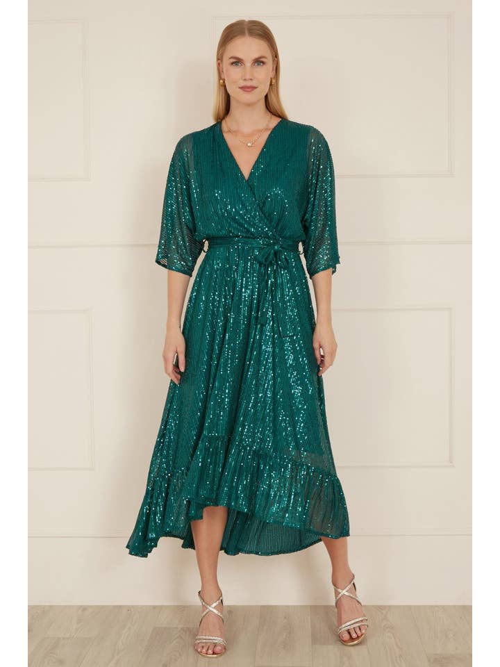 Yumi Green Sequin Kimono Midi Wrap Dress for wholesale on Faire3