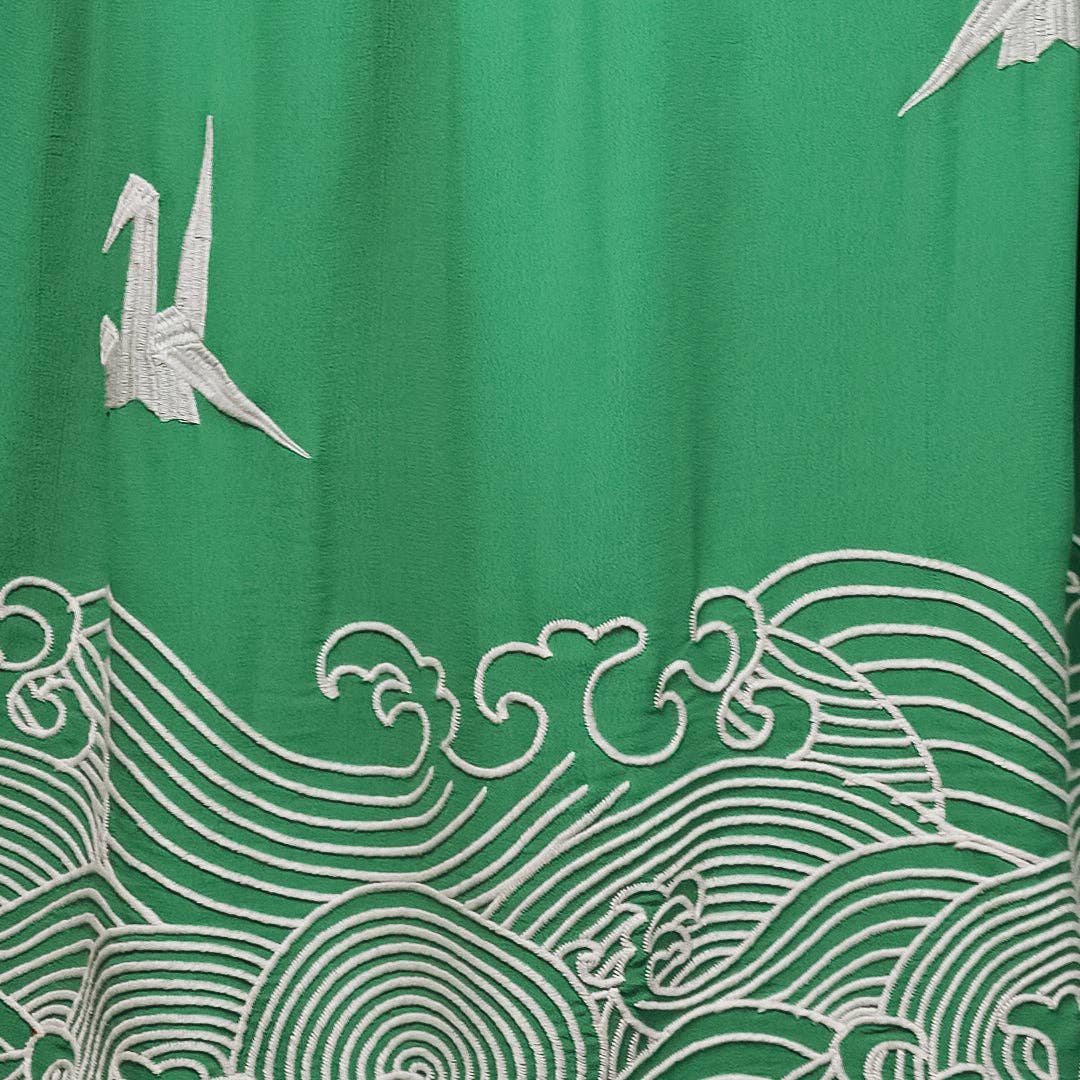 Artemis Muse – wholesale Kimono – Women's – Origami and Hokusai Wave Embroidered Fully Lined Island Green Long Kimono11