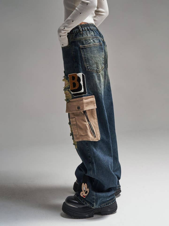 Nark Blue Women's low waist patchwork vintage wide leg jeans for wholesale on Faire2