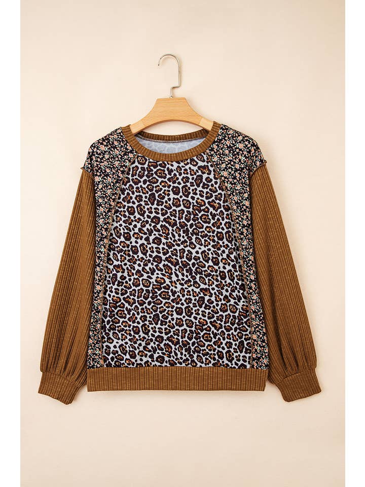 Brown Leopard Floral Patchwork Ribbed Puff Sleeve Top for wholesale on Faire4