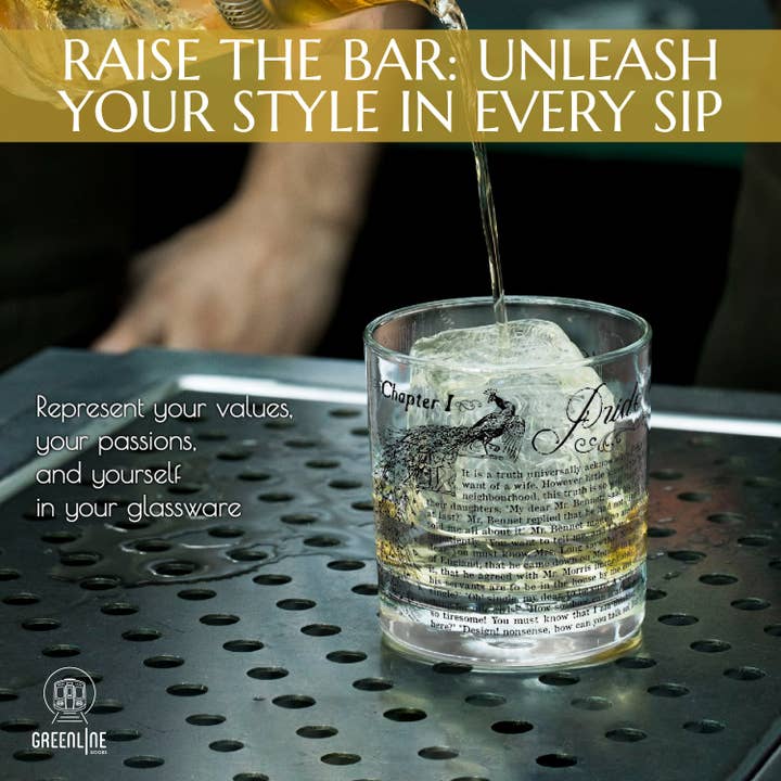Greenline Goods - Wholesale Cocktail/Liquor Glass - Pride & Prejudice Literature Rocks Glass1