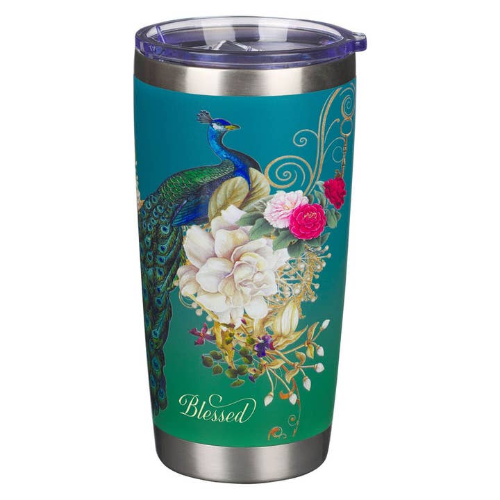 Mug SS Travel Blue Peacock Blessed for wholesale by Christian Art Gifts