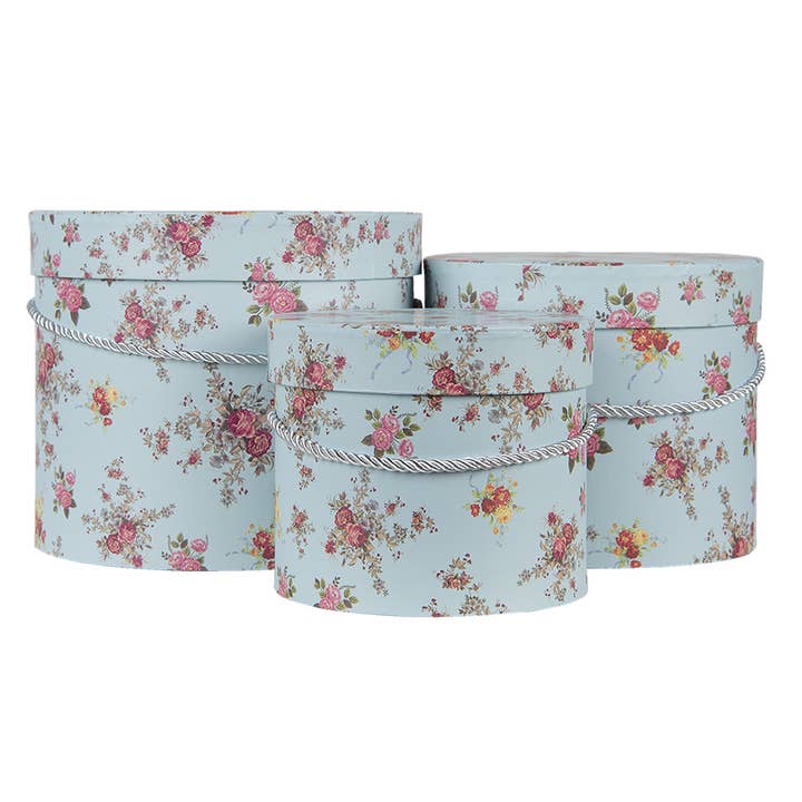 Clayre & Eef – Großhandel Dekoschachteln – 65008 Hutschachtel, 3-teilig, Ø 23x19 cm, blau-rosa, Karton
