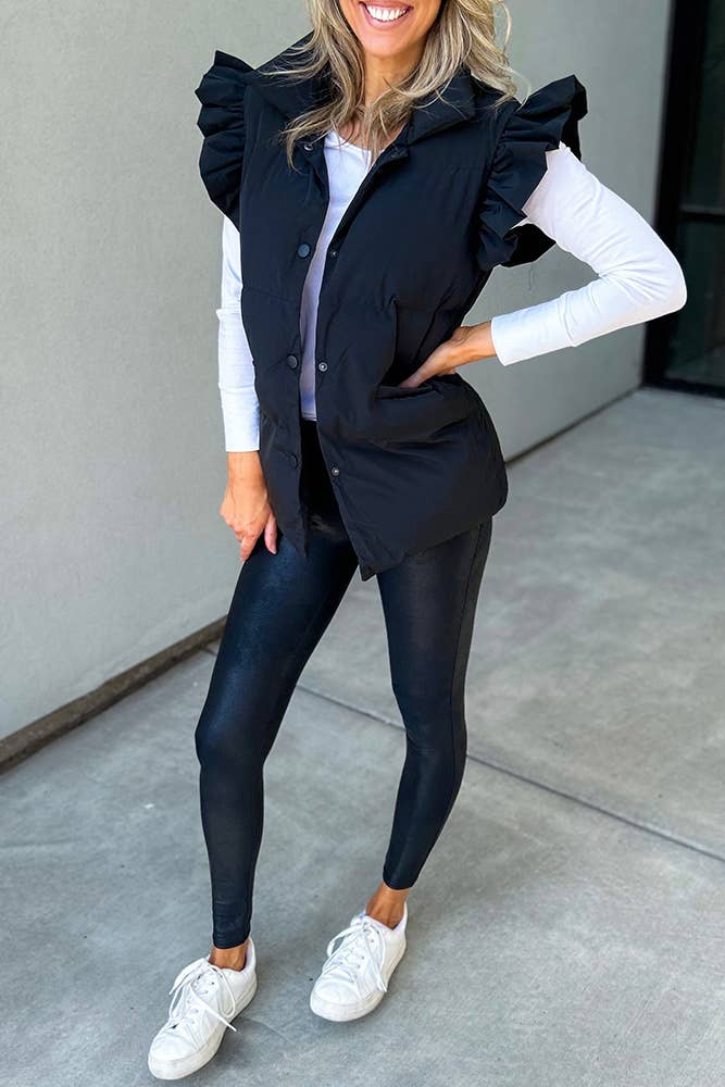 UNISHE – Colete - Mulher por atacado – Casaco Puff com Mangas Flutter Liso Buttoned CY1480