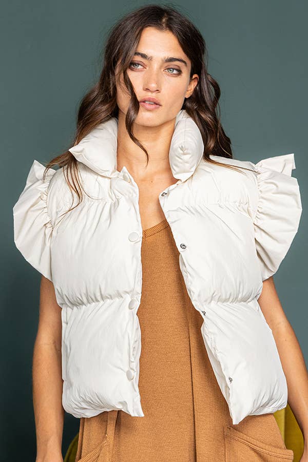 BUCKETLIST INC – wholesale Outerwear Vest - Women’s – IT1813-1 Ruffle Sleeve Crop Down Vest19