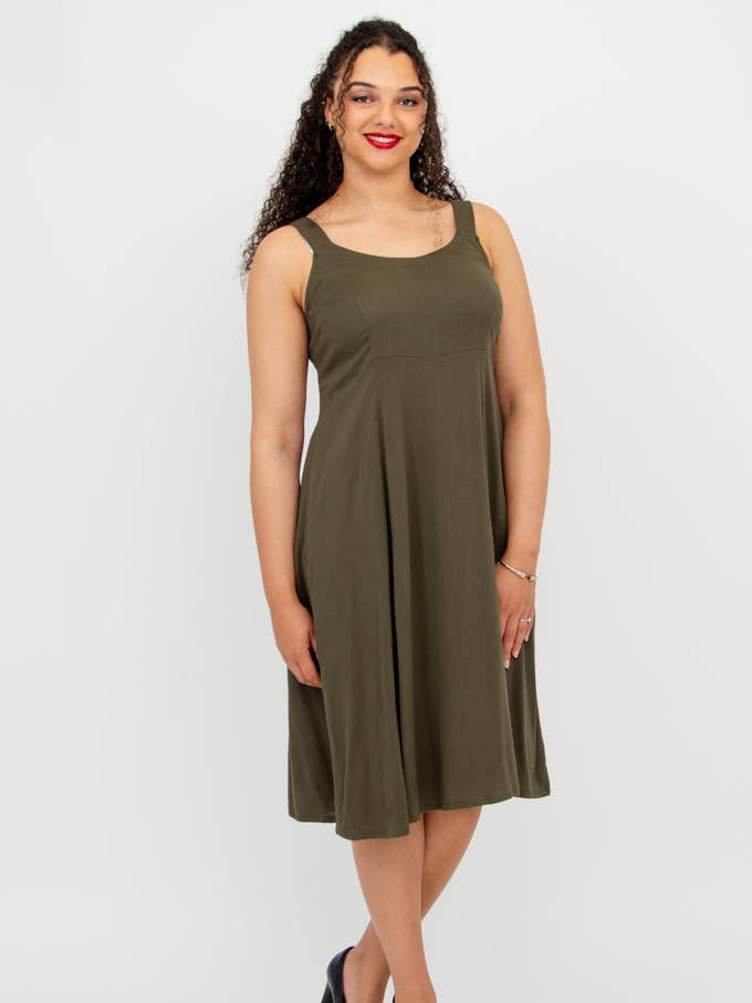 Shauna Dress, Khaki, Linen Bamboo for wholesale by Blue Sky Clothing Co LLC