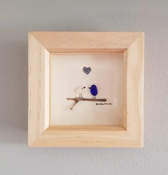 UrchinArtworks – wholesale Wall Accent – Love Birds on Branch Sea Glass Picture - Artwork2