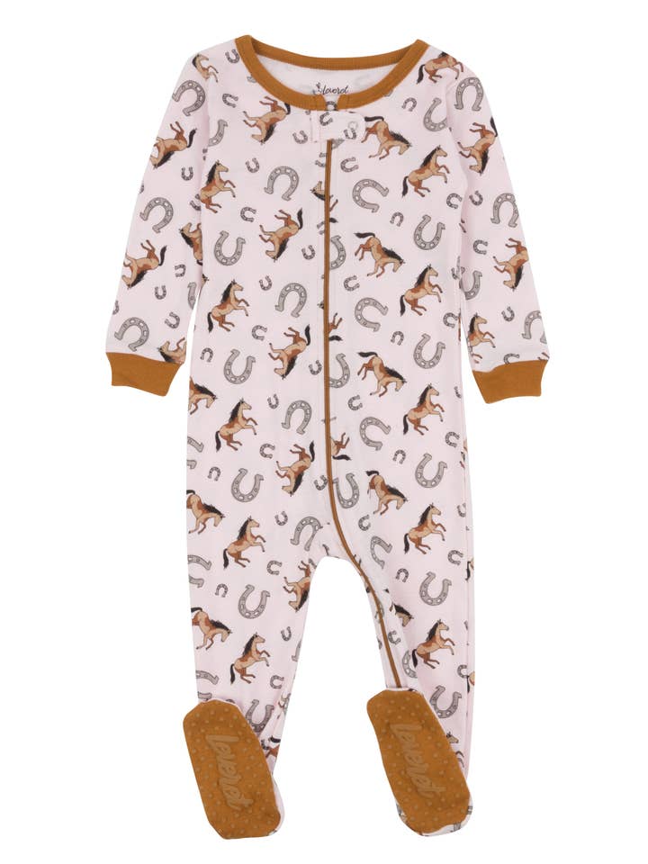 Pijama infantil de algodón con pies Pink Horse para venta al por mayor de Leveret Pajamas