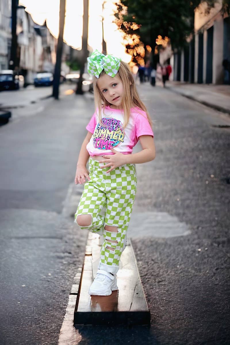 Kids Charm Online - Wholesale Jeans - Kids - LIME GREEN CHECKER PRINTED DISTRESSED DENIM PANTS. PNG2513304