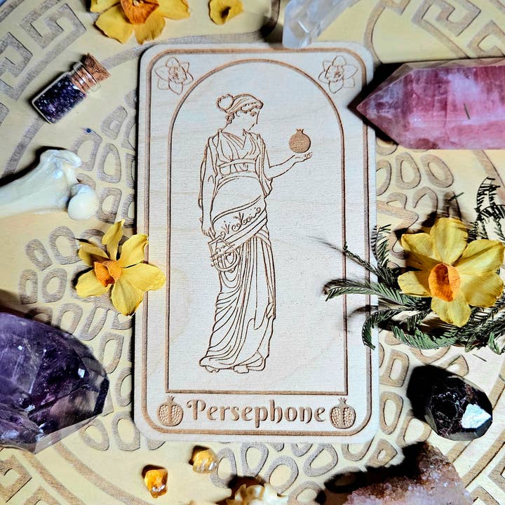 Persephone Deity Card Laser Engraved Wood Altar Card for wholesale by Prism Moon Designs