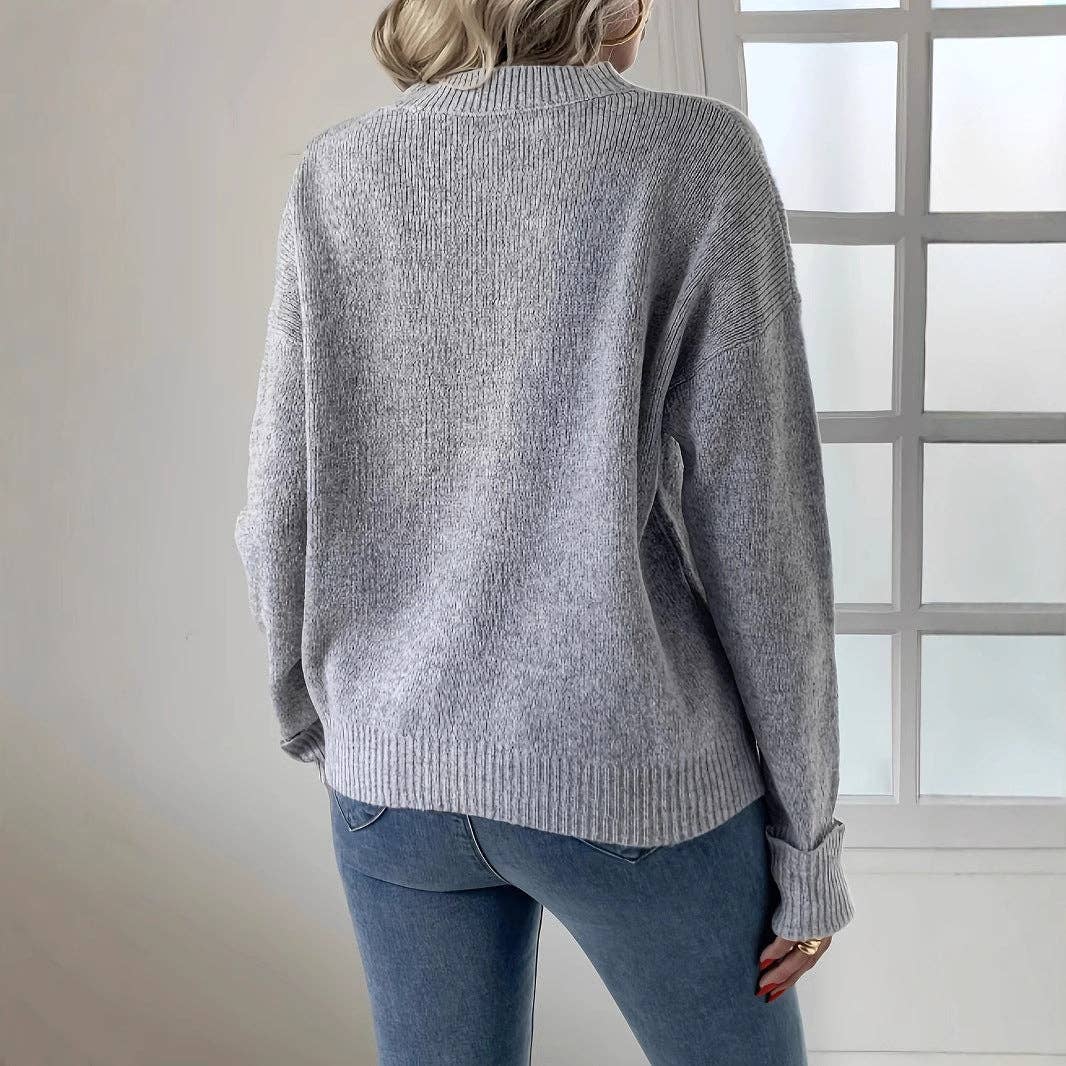 Gray Autumn Winter Casual Knit Round Neck Long Sleeve Sweater for wholesale on Faire5