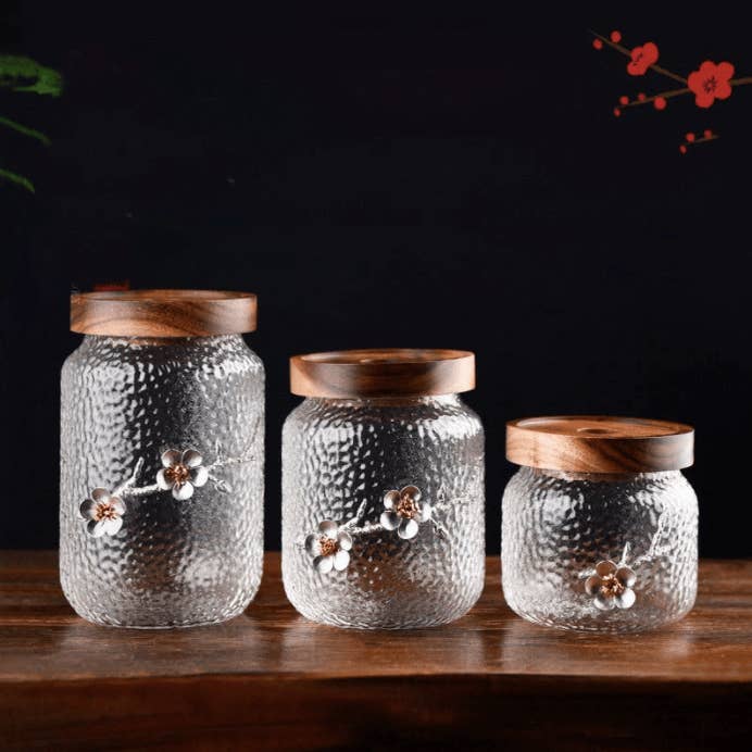 Glass Sealed Acacia Wood Jars With Lids With Small Spoons