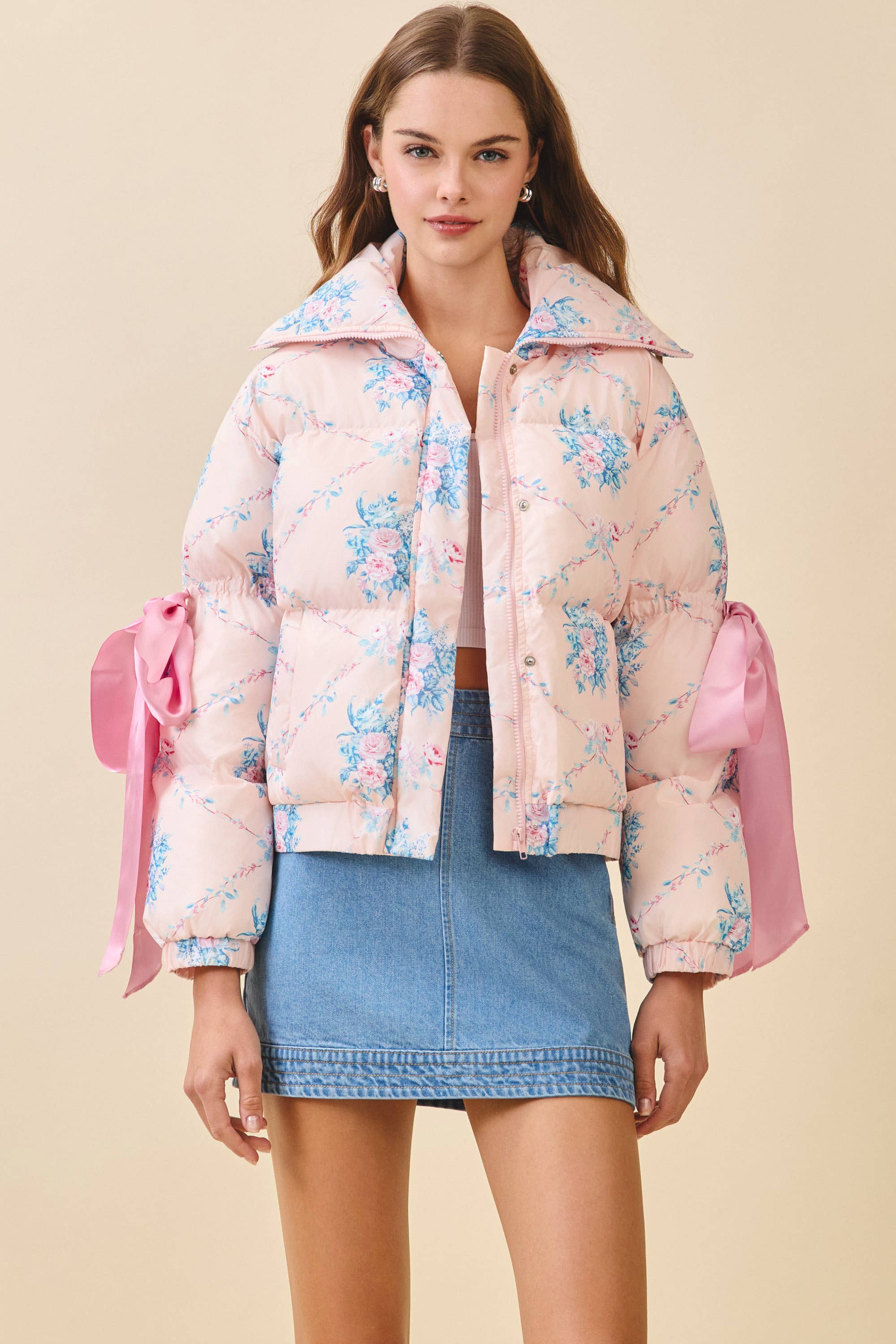 TCEC - Wholesale Puffer Jacket - Women's - CJ6546-Floral Print Bow Knot Elbow String Puffer Jacket0