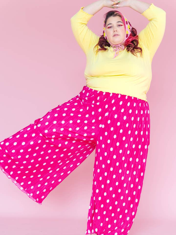 Size Inclusive Hot Pink & White Polka Dot Pleated Flare Pant for wholesale by Nettle Studios