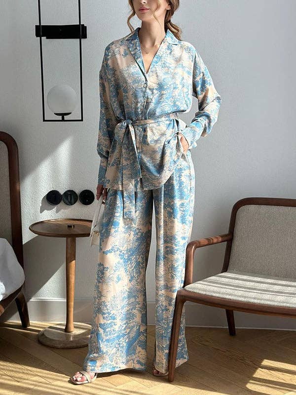 BLUE Long Sleeves Buttoned Printed Tied Waist Notched Collar Shirts Top + High Waisted Pants Bottom Two Pieces Set for wholesale on Faire2