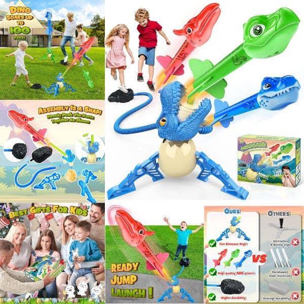St. Louis Wholesale LLC - Wholesale Classic Toy - Kids - Dinosaur Rocket Launcher - 3 Launchers - Soars Over 100 Feet