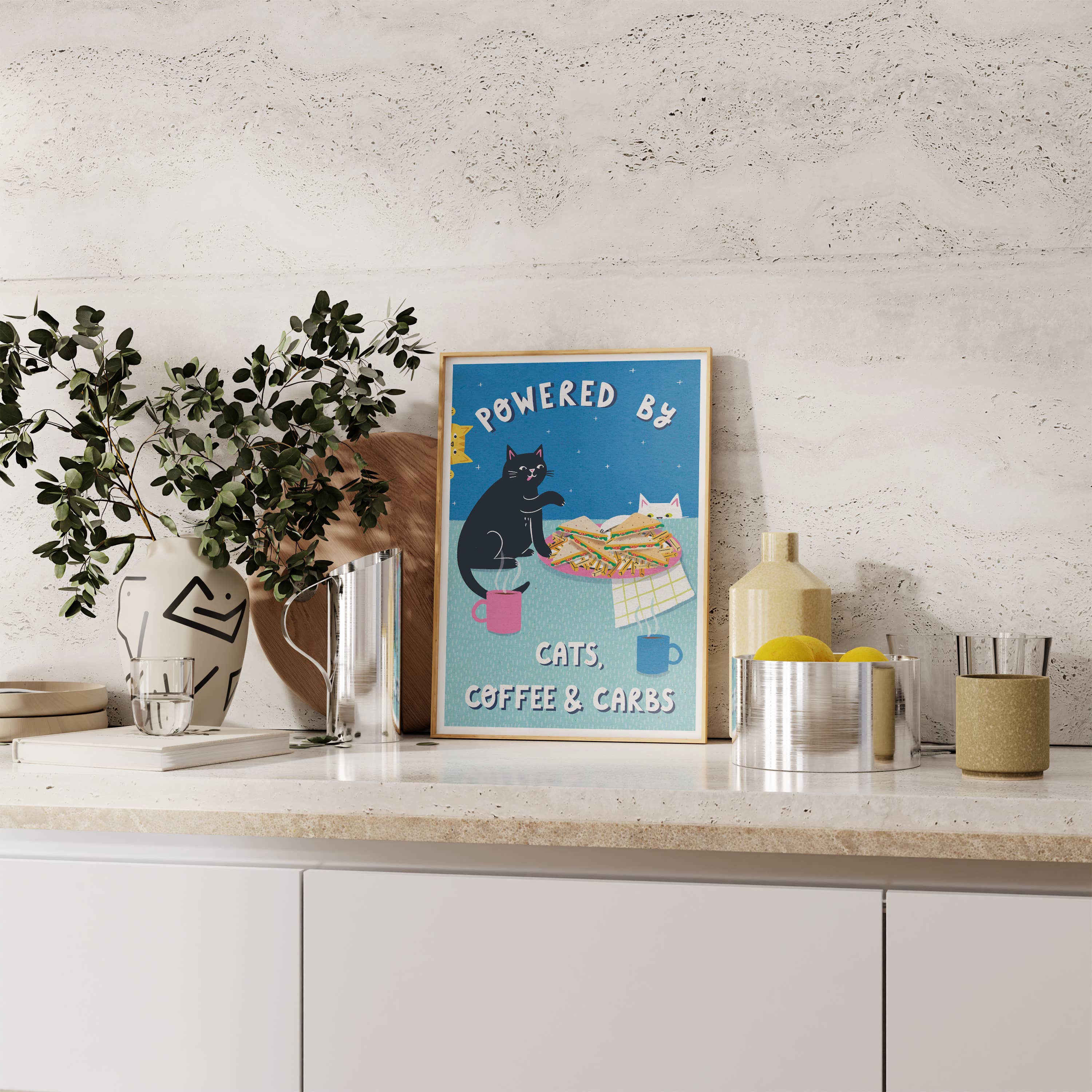 Nat Ellis Illustration – wholesale Art print – Powered By Coffee, Carbs & Cats  – A4 Heavyweight Art Print2