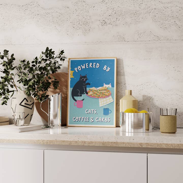 Nat Ellis Illustration – wholesale Art print – Powered By Coffee, Carbs & Cats – A4 Heavyweight Art Print2