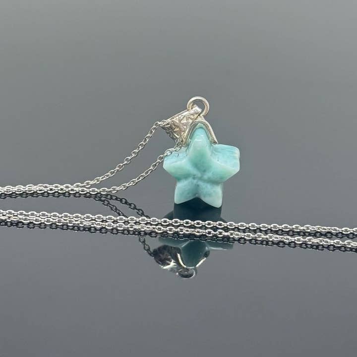 Akstar Gems - Venta al por mayor Collares con colgantes/abalorios - Collar de larimar, piedra de la Atlántida, piedra curativa, estrella de plata, joyería bohemia, joyería bohemia, regalo de joyería de larimar de la República Dominicana, 1,20 x 0,60 pulgadas7