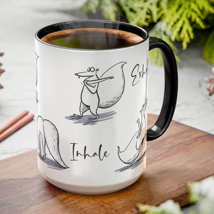Kevin the Squirrel doing yoga - Mug for wholesale by Sardines Studio