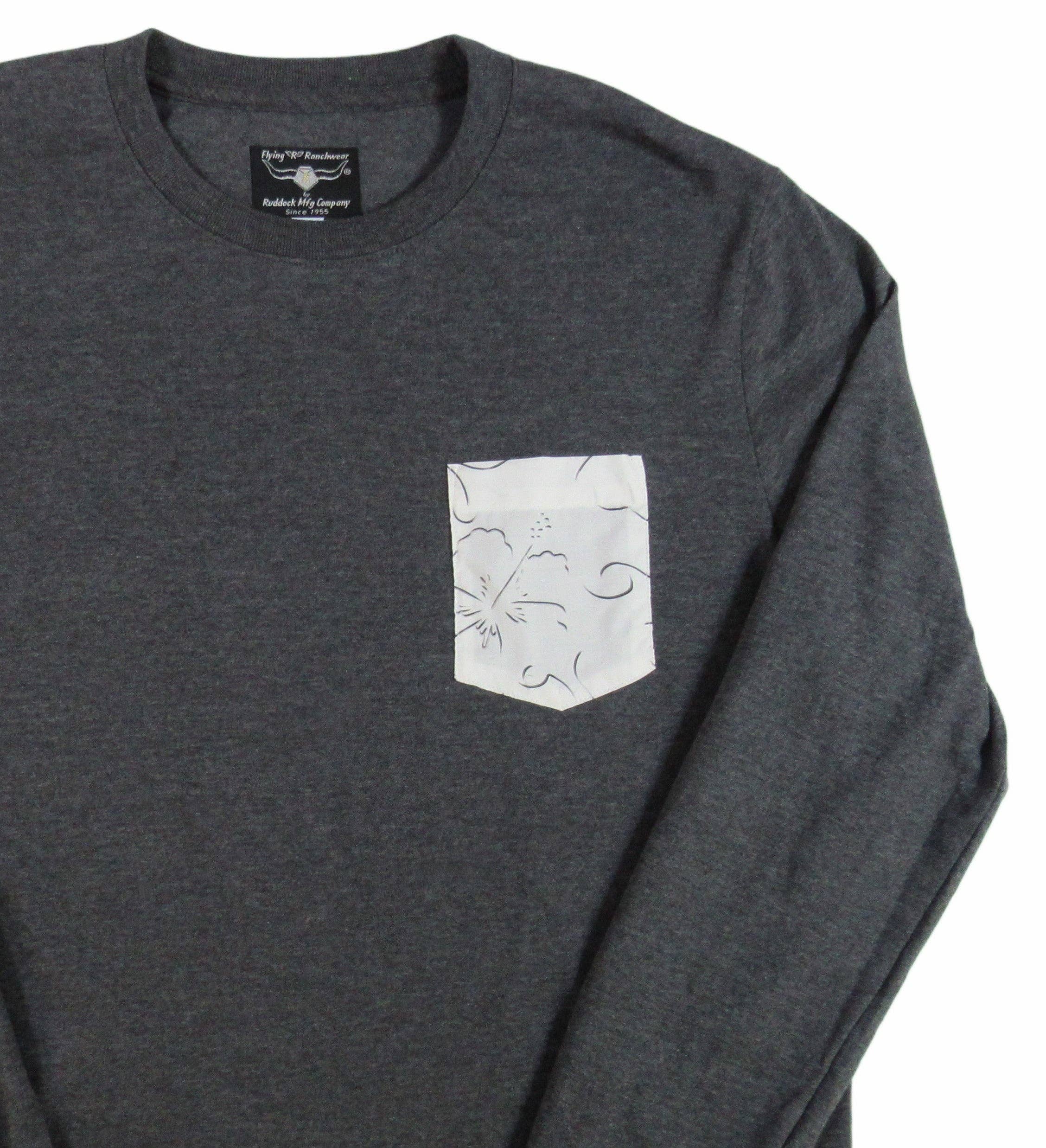 Ruddock Shirts - Vente T-shirt – homme - Flying R Ranchwear - Imprimé hibiscus - T-shirt à manches longues avec poche - Fabriqué aux États-Unis0