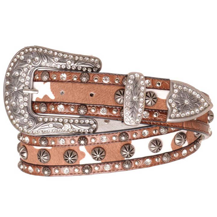 STONE STUDDED COW PRINT WESTERN STYLE BELT, 6550 for wholesale by JOIA ACCESSORIES
