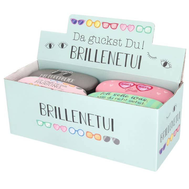 Estojo para óculos com dizeres, 4 un., cerca de 16 cm, chapa de ferro/PU, 4 modelos sortidos, expositor com 12 unidades em plástico por atacado de Wurm