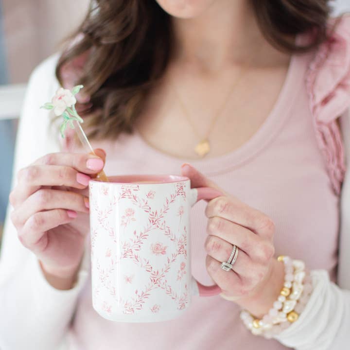 Simply Jessica Marie - Wholesale Coffee Mug - Pink Rosebud Trellis 15oz Tall Watercolor Mug2